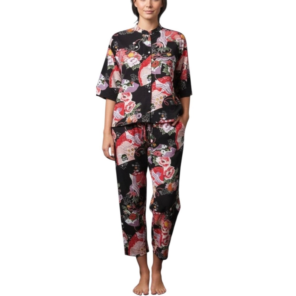 NATORI Black/Multi JAPANESE CRANE & FLORAL PRINT Lounge Pajama Set TOP/PANTS XL